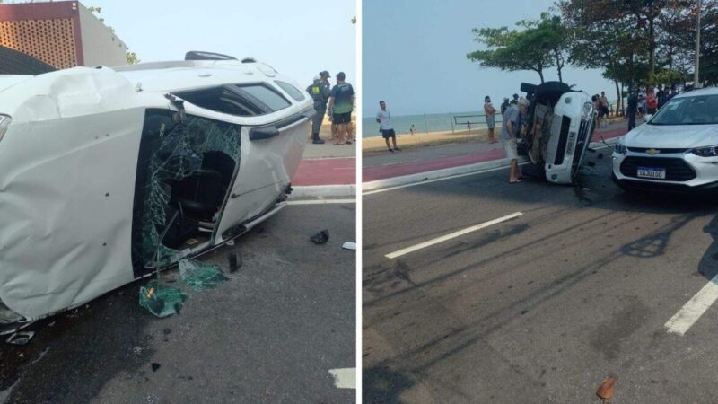 Motorista fica ferido após capotar carro na orla de Itapuã